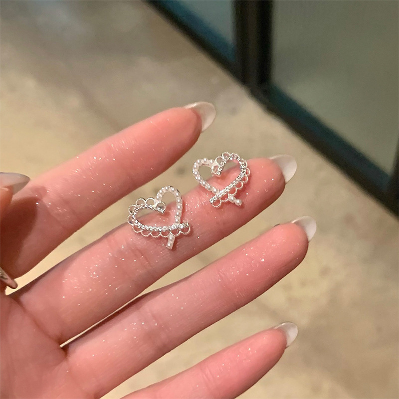 韩系镂空爱心蕾丝边珍珠耳环女轻奢高级感气质耳钉独特漂亮耳饰|undefined