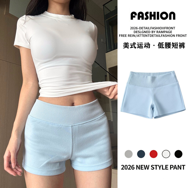 American-Style Blue Low-Waist Sports Shorts for Women, Summer Thin Style, Slim Fit, Flattering for Petite Figures, Hip-Hugging, Sexy Look