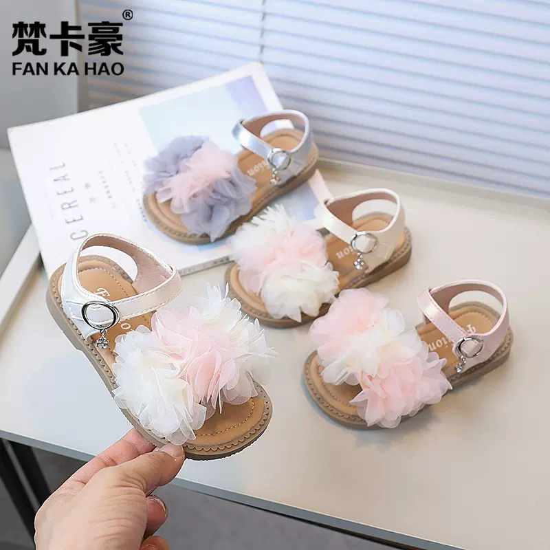 梵卡豪儿童凉鞋2025夏季新款女童时尚蕾丝小香风凉鞋露趾沙滩鞋