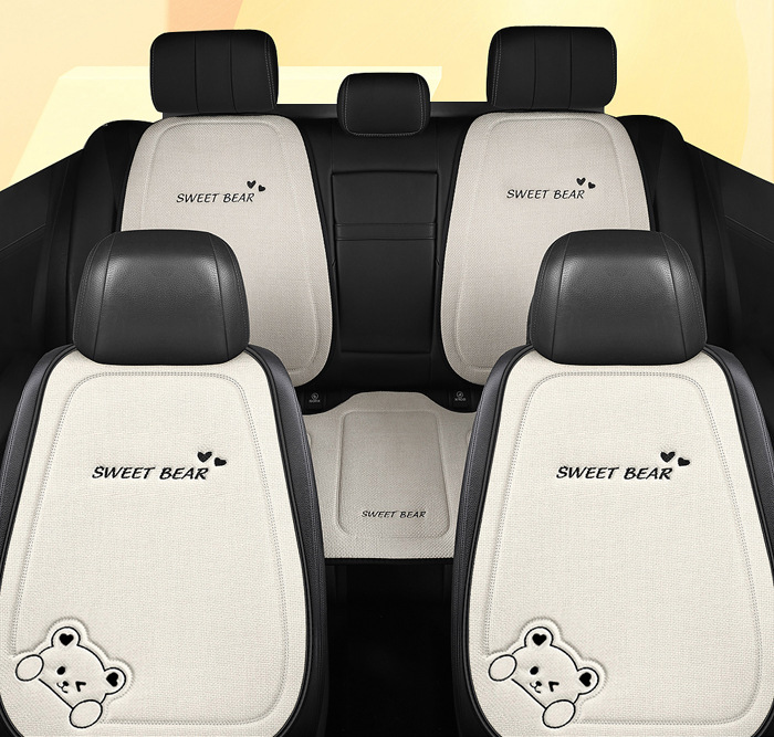 Car Seat Cushion for All Seasons, Linen Cartoon Rear Seat Cushion, Single-Piece Seat Cover for Women