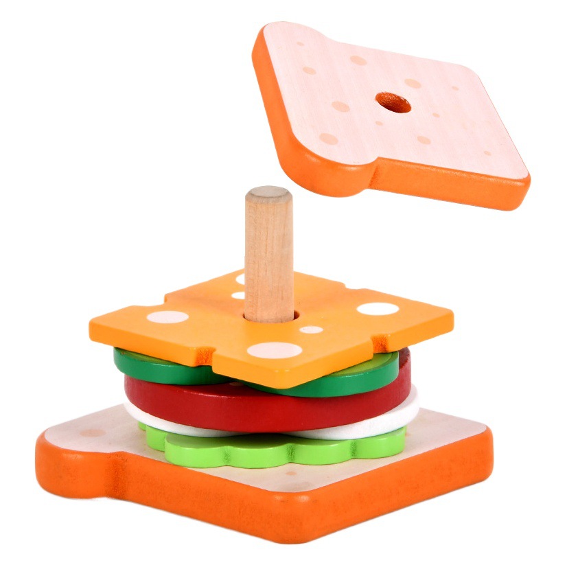 Los niños transfronterizos de simulación de madera jugar casa hamburguesa papas fritas sándwich columna juguete educativo divertido traje de cocina