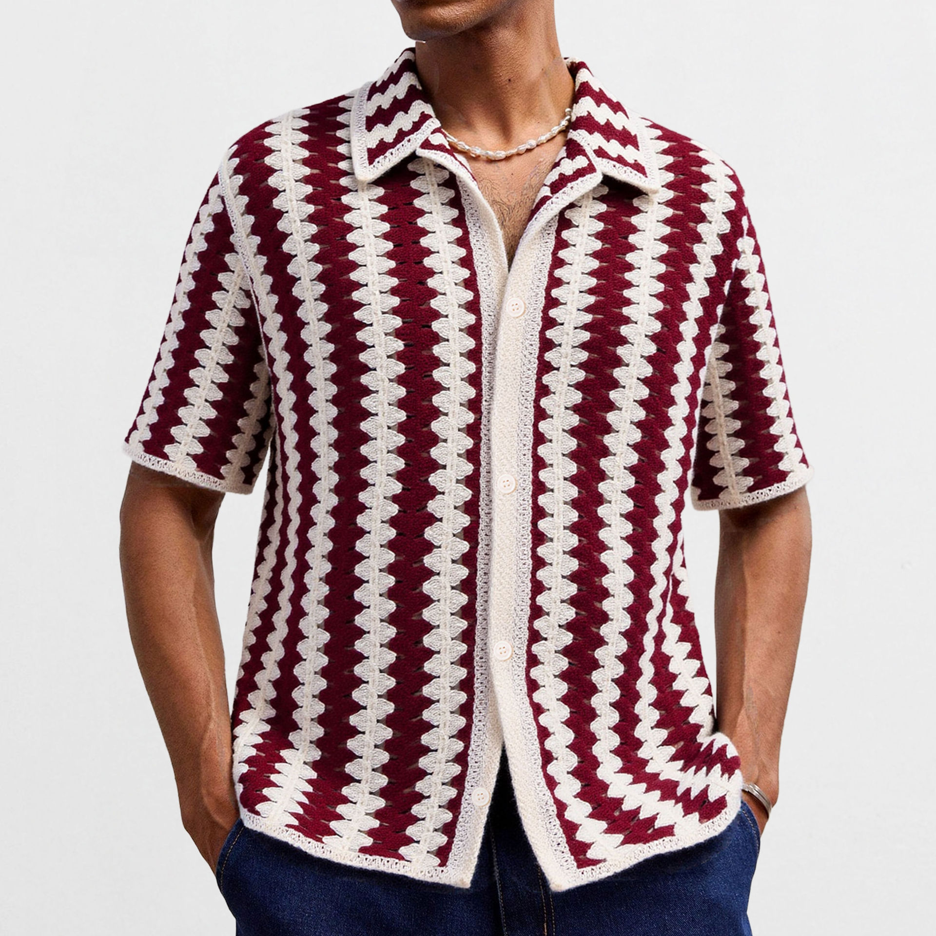 Cross-Border Men's Clothing French Retro Striped Knit Shirt Imitation Crochet Short-Sleeve Summer Hollow-Out Water-Soluble Polo Shirt Sy0042