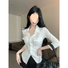 微胖妹妹领长袖衬衫女夏季纯欲甜辣妹显瘦上衣独特别致衬衣女