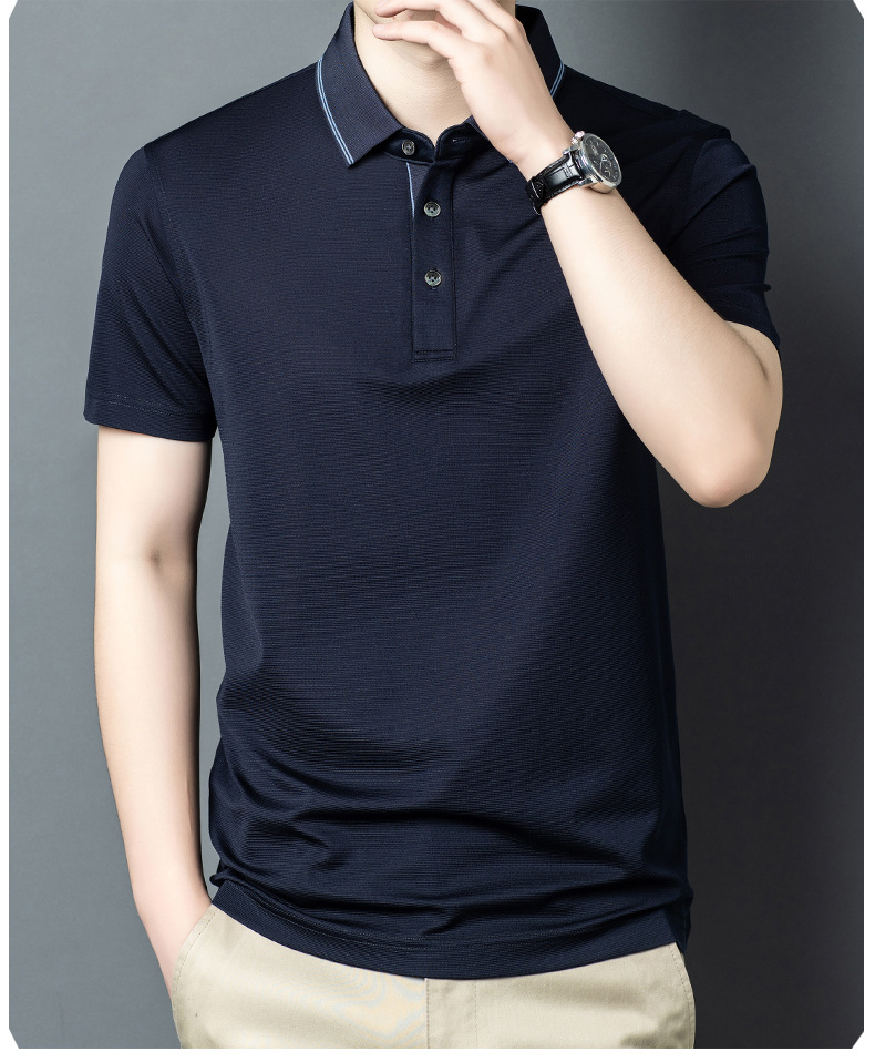 Áo polo nam tay ngắn cổ bẻ cao cấp chất lụa tơ tằm mềm mại — Màu xanh đậm W-81 chi tiết 9