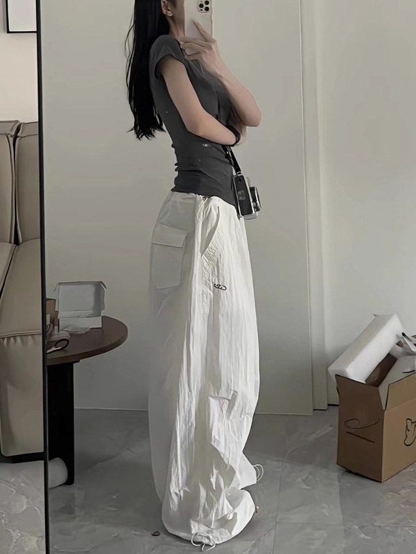 美式高街降落伞工装裤女抽绳宽松皱褶阔腿裤子休闲爵士跳舞运动裤|undefined