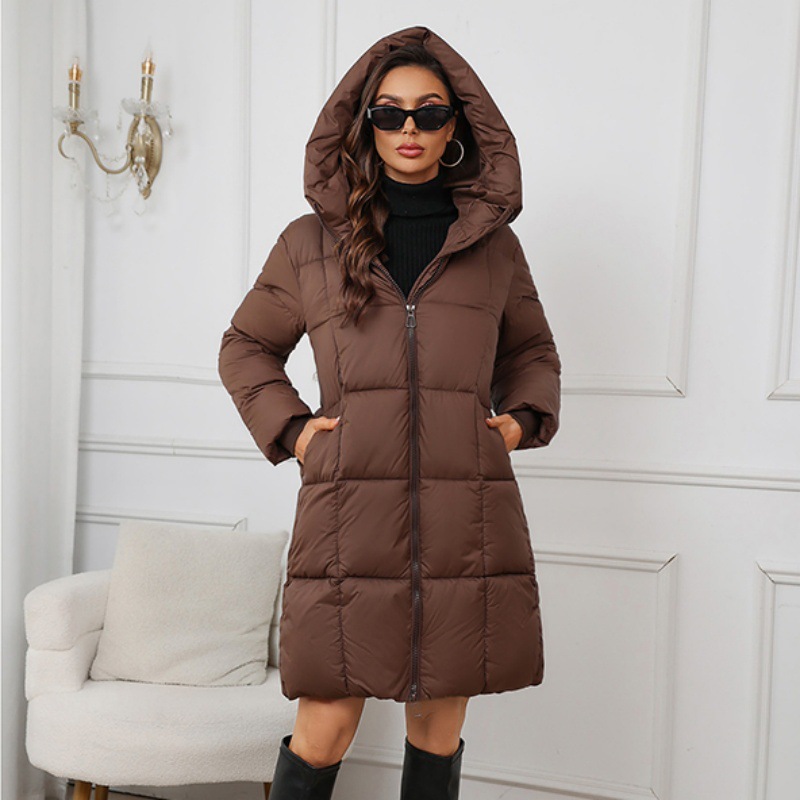 2025秋冬新款中长款加厚升级大码时尚休闲连帽纯色棉服外套女