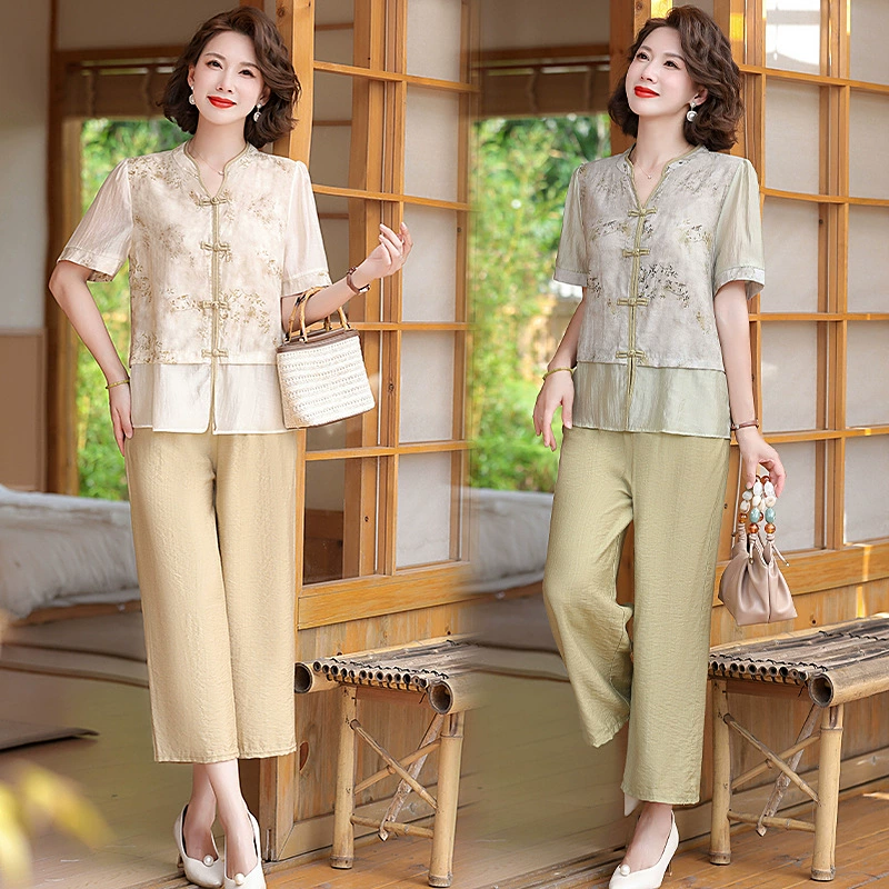 Китайский костюм мамы летняя одежда в китайском стиле топы среднего и пожилого возраста укороченные брюки летом новый набор из двух частей с короткими рукавами