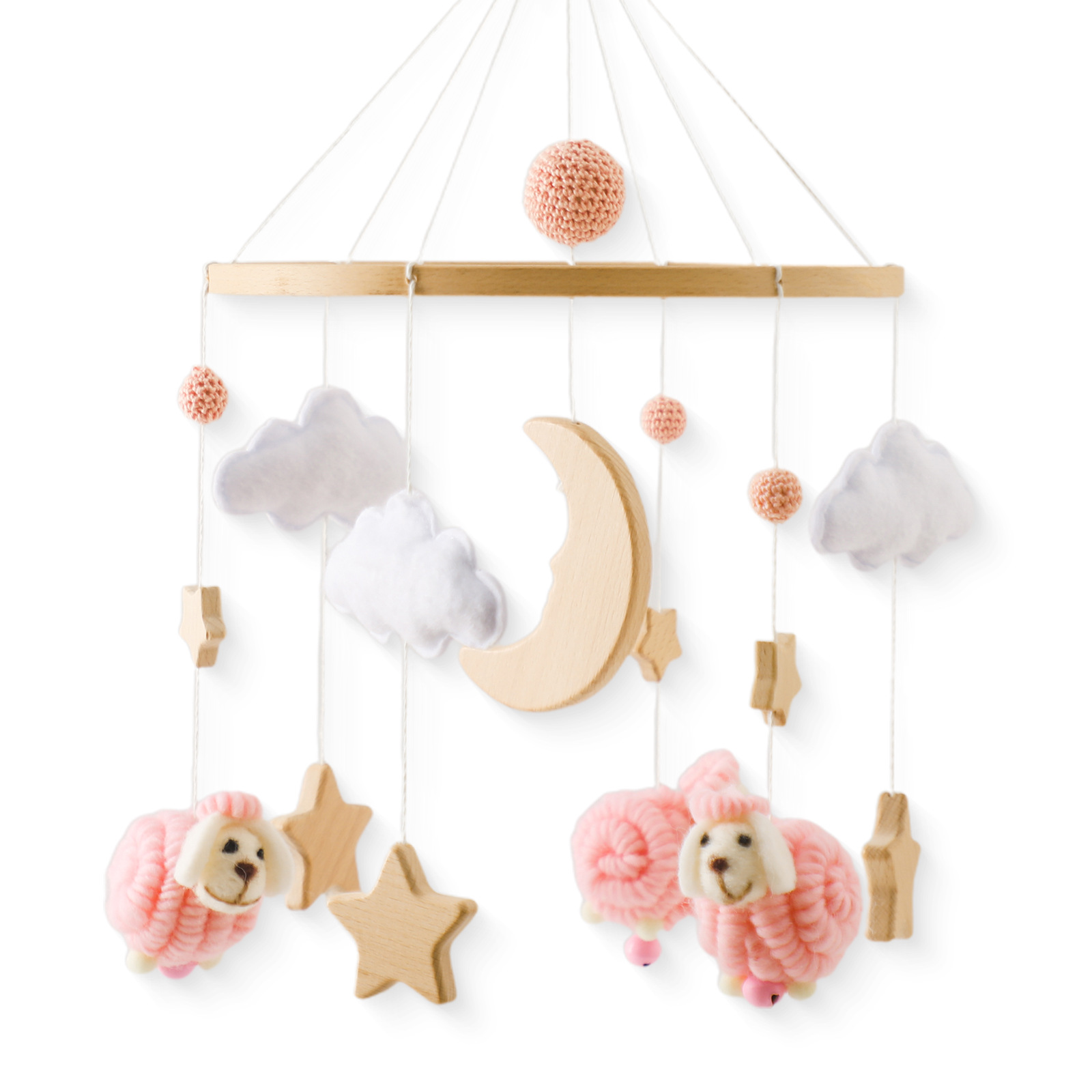 Decoración de la habitación de los niños de estilo nórdico cama colgante de viento carillones de madera anti-estrabismo mano-ojo coordinación estrella Luna ovejas cama Bell
