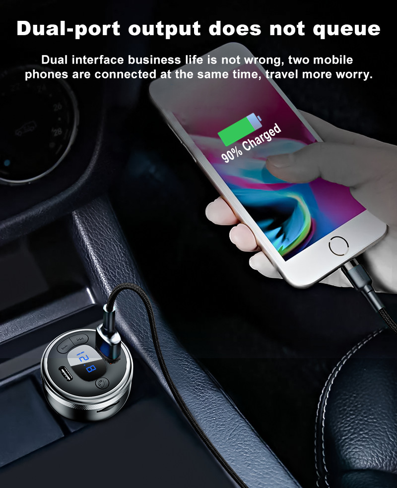 Cross-Border Bluetooth 5.0 Car Mobile Phone Charger Super Fast Charging Digital Display Mp3 Player USB Flash Drive Call Car Charger