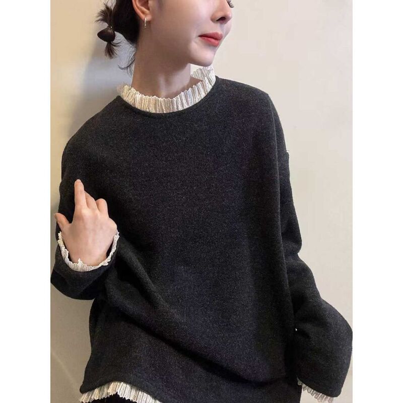 Plus-Size Korean-Style Lace Patchwork Long-Sleeve Top for Women, New Autumn and Winter Loose Fit, Slimming and Figure-Flattering Outerwear Base Shirt Plus-Size Korean-Style Lace Patchwork Long-Sleeve Top for Women, New Autumn and Winter Loose Fit, Slimming and Figure-Flattering Outerwear Base Shirt
