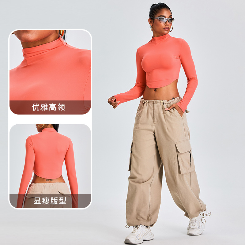 Otoño y invierno nueva camiseta deportiva de cuello medio alto camiseta de mujer delgada ropa de yoga de manga larga secado rápido ropa de ejercicio para correr