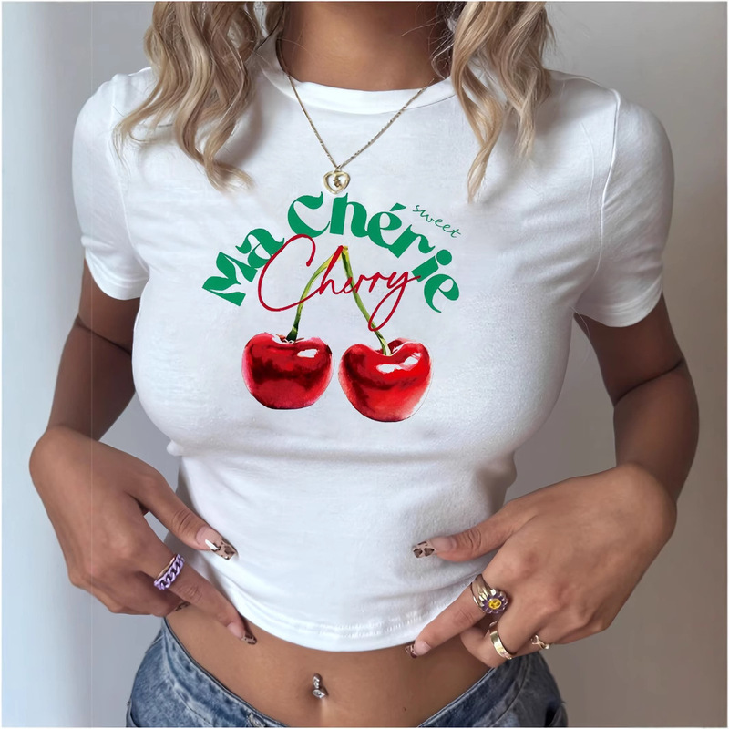 2024 Cross-Border Autum New Women's Clothing European and American Right Shoulder Slim Short Navel-Baring T-Shirt Round Neck Short Y2K Top for Women