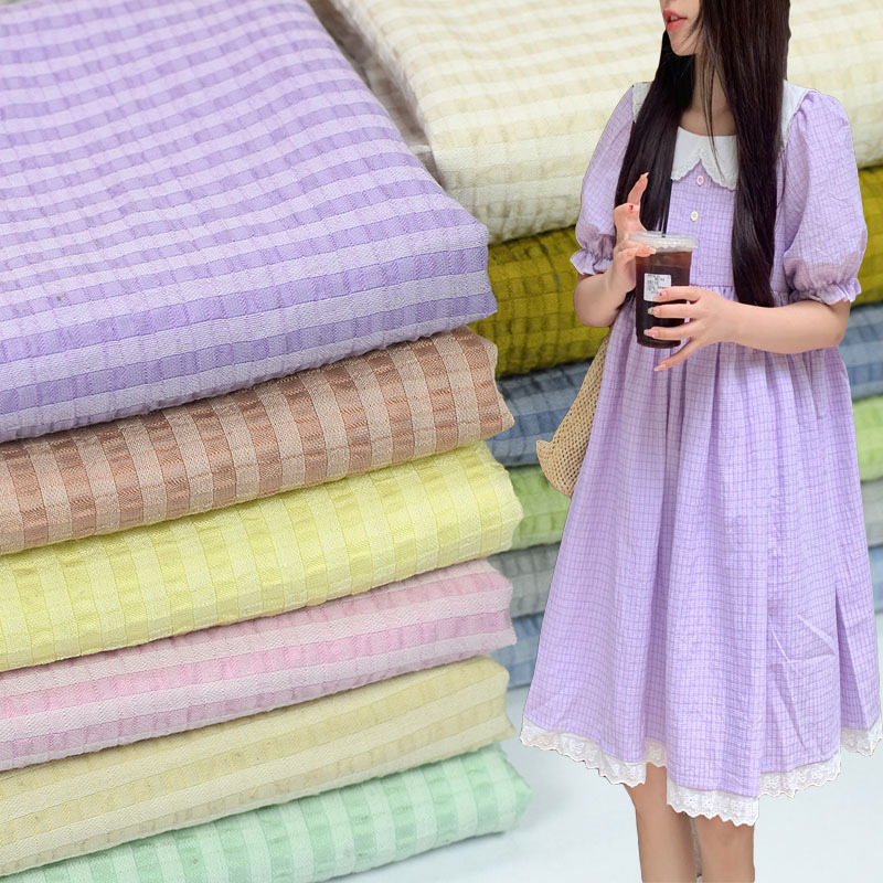 夏季薄款泡泡皱面料格子条纹衬衫连衣裙宝宝防蚊裤抗皱泡泡布料