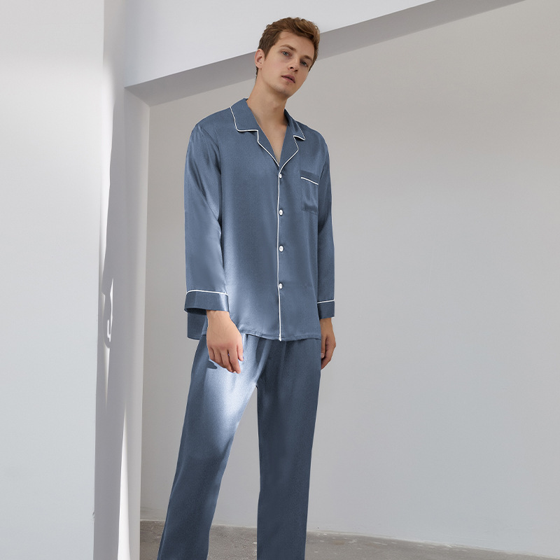 蝶刺繍シルクパジャマ男性長袖ズボン2点セットシルク家庭服100% 绢糸パジャマセット男性|undefined