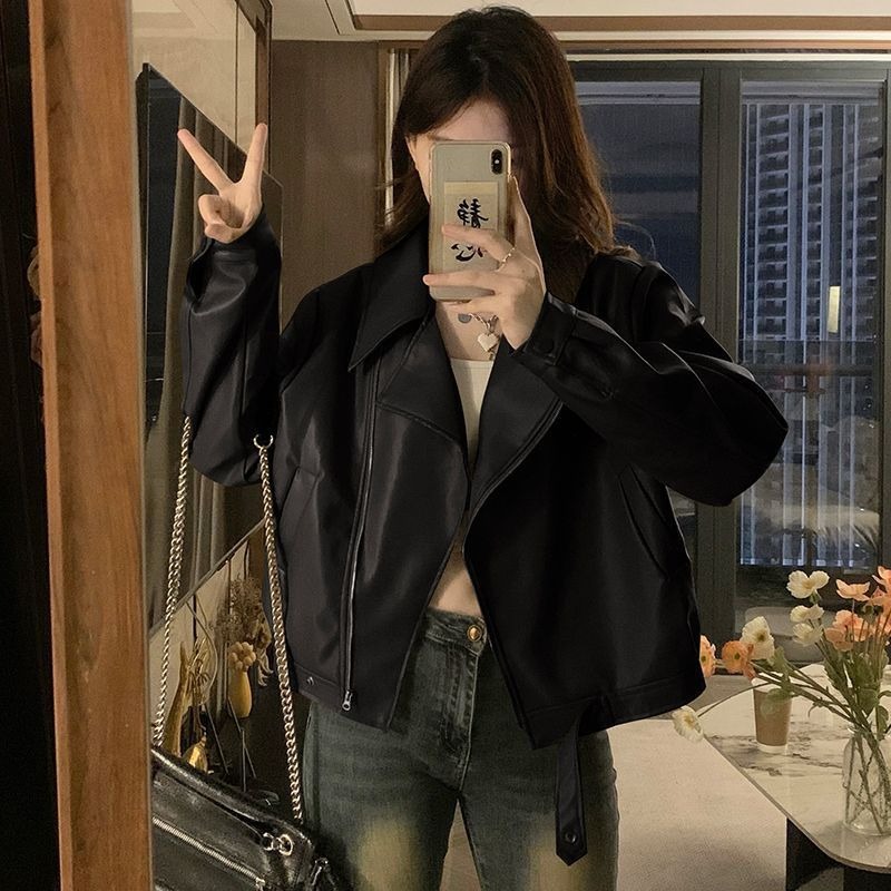 Vintage Leather Jacket for Women, Short Style, 2025 Autumn and Winter New Turn-Down Collar, European Style, Petite Pu Motorcycle Jacket, Trendy