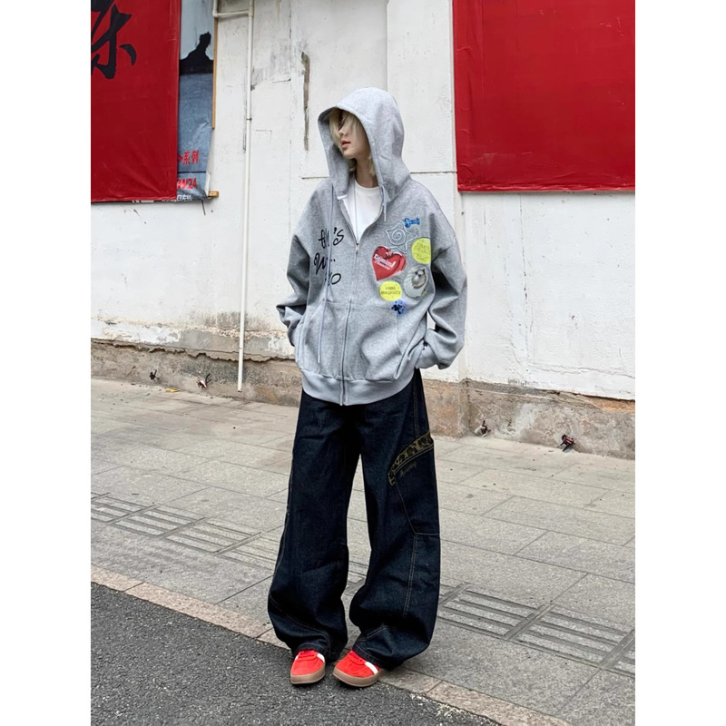 【广州新塘牛仔】复古豹纹拼接大口袋弯刀牛仔裤女夏季新款阔腿长|undefined
