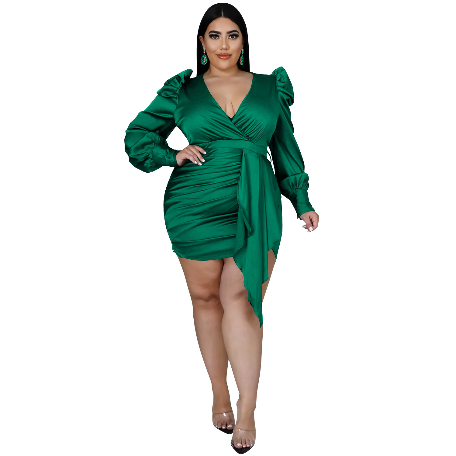 Solid Color Plus Size Deep V Long-Sleeved Pleated Dress NSXYZ110904