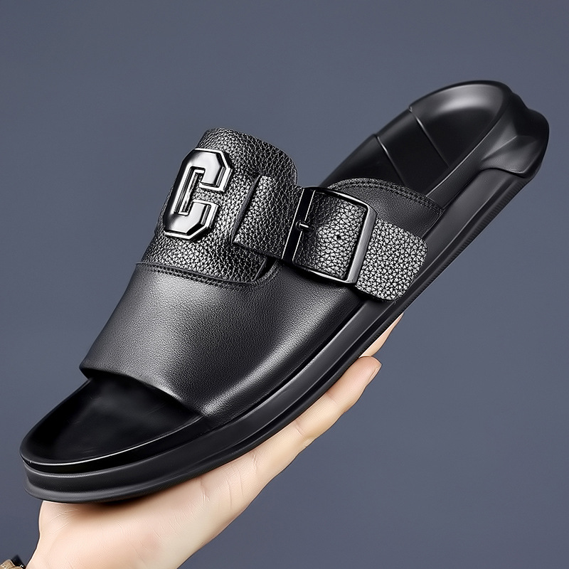 Summer Men's Slippers Genuine Leather Top-Layer Cowhide Fashionable Trendy Slides Non-Slip Wear-Resistant Roman Casual Sandals