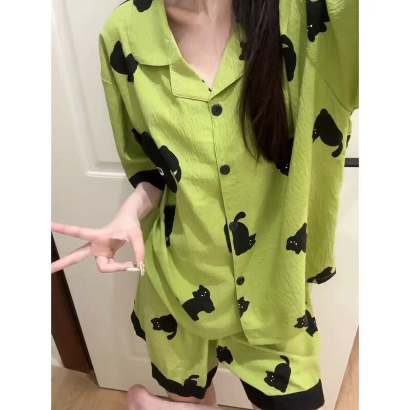 Factory Direct Sales of New Style Pajamas for Women, Summer Short-Sleeved Pants Set, Cute Cartoon Design, Suitable for Student Dormitories and Can Be Worn Outside as Home Clothes