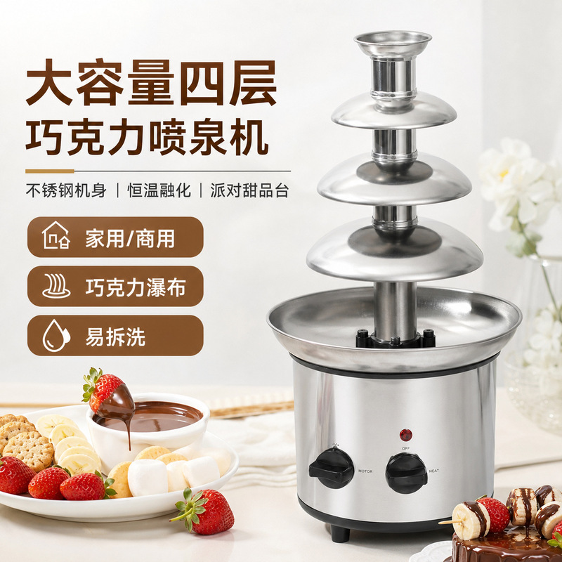 Stainless Steel Four-Tier Chocolate Fountain Machine Melting Tower Waterfall Hot Pot Molten Chocolate Machine for Home and Commercial Use, Events, Parties