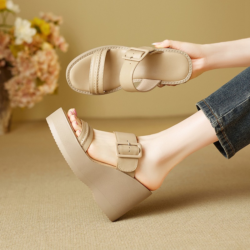 Sandal cao gót nữ hở mũi đế xuồng da bò quai một chữ thắt nút — màu trắng ngà