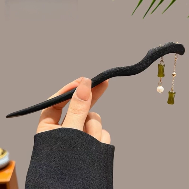 Популярная деревянная заколка для волос с антикварной бамбуковой кисточкой, простая и современная подвеска из искусственного нефрита, заколка для волос в национальном стиле, элегантная заколка для волос