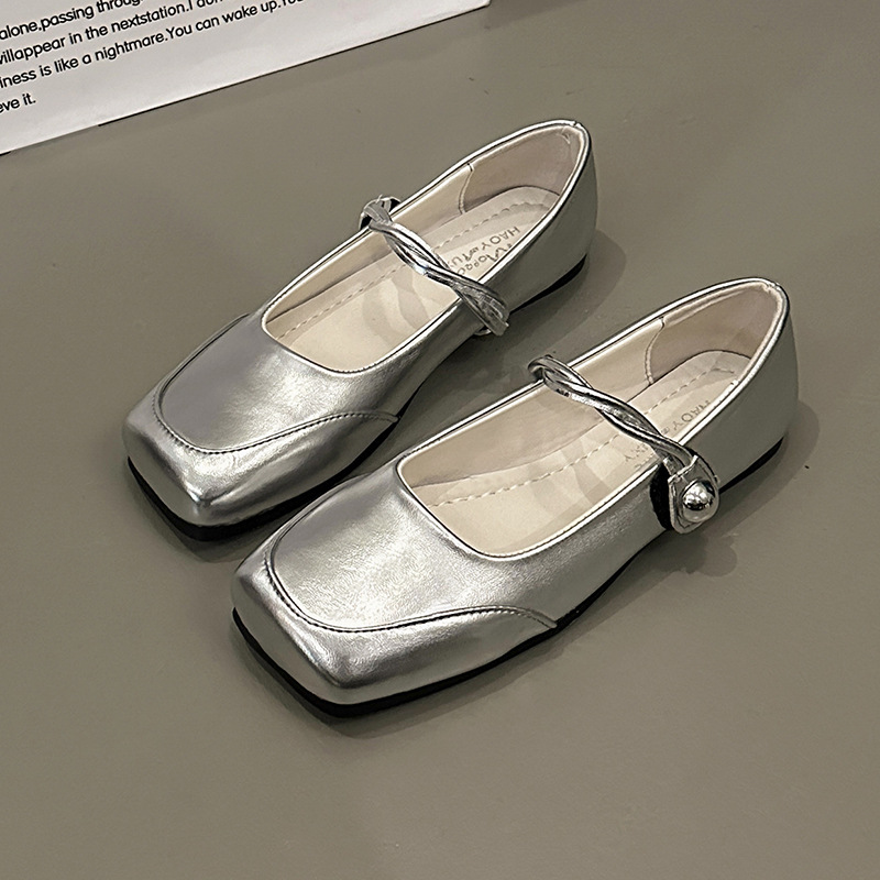 浅口低跟软底平底法式银色玛丽珍鞋气质单鞋2024新款皮鞋方头女鞋