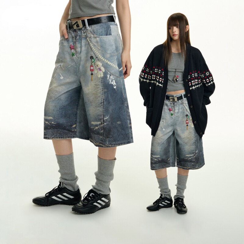 Cross-Border Full-Print Hanging Wide-Leg Cropped Jeans for Women, Summer Design Straight Mid-Pants, American-Style Loose Shorts for Men