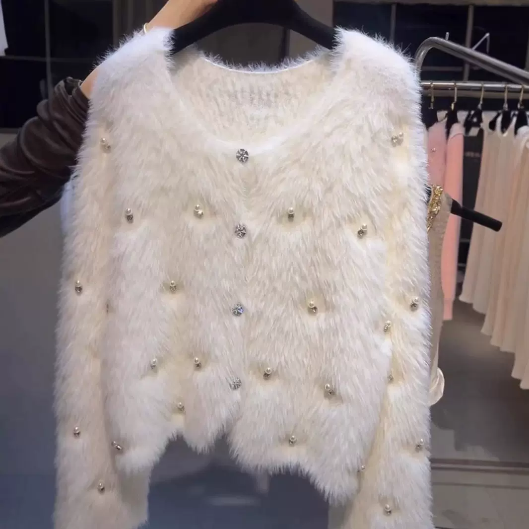 软糯纯色重工钉珠针织毛衣女2025春季韩版新款圆领长袖开衫上衣潮