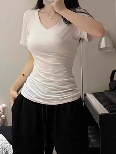 American style spicy girl V-neck black short-sleeved t-shirt women's summer pure cotton regular shoulder tight slimming invisible inner layer top