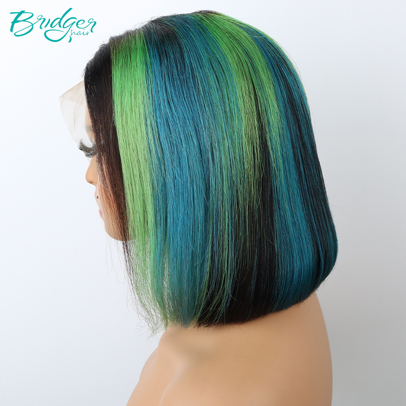 13*4 Nähte, doppelt gezogene BOB-Perücken mit natürlichen Highlights aus blauem und grünem Echthaar_voghion.com