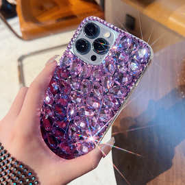 适用苹果15promax手机壳紫色14pro全包13保护套镶钻宝石SXmax玻璃
