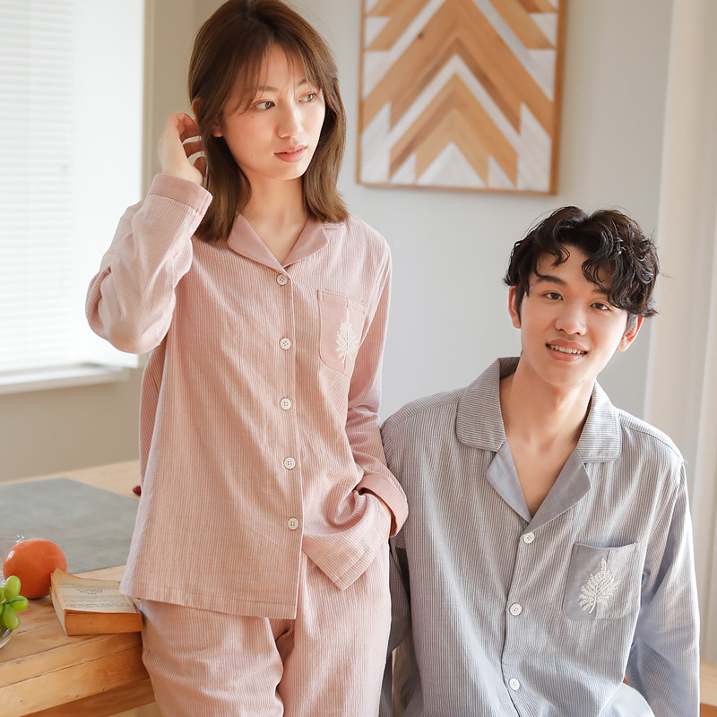 情侣睡衣2025新款情侣无印风简约条纹纯棉双层纱布长袖家居服套装