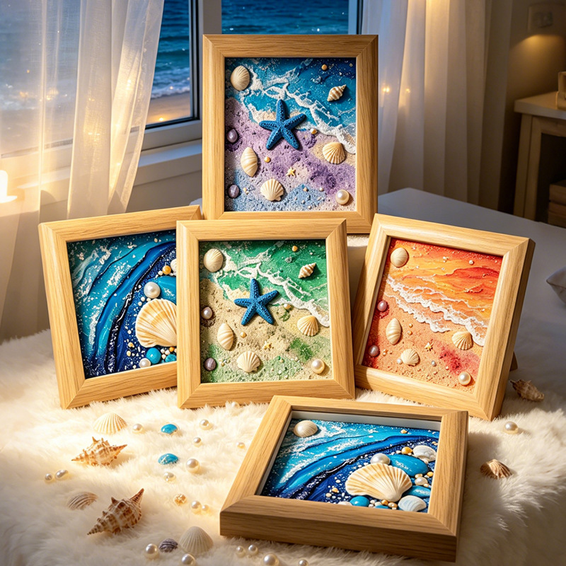 3D Wave Photo Frame Decoration Printed on Paper, Hollow Three-Dimensional Photo Frame, Square Beach Shell Painting DIY 3D Wave Photo Frame Decoration Printed on Paper, Hollow Three-Dimensional Photo Frame, Square Beach Shell Painting DIY