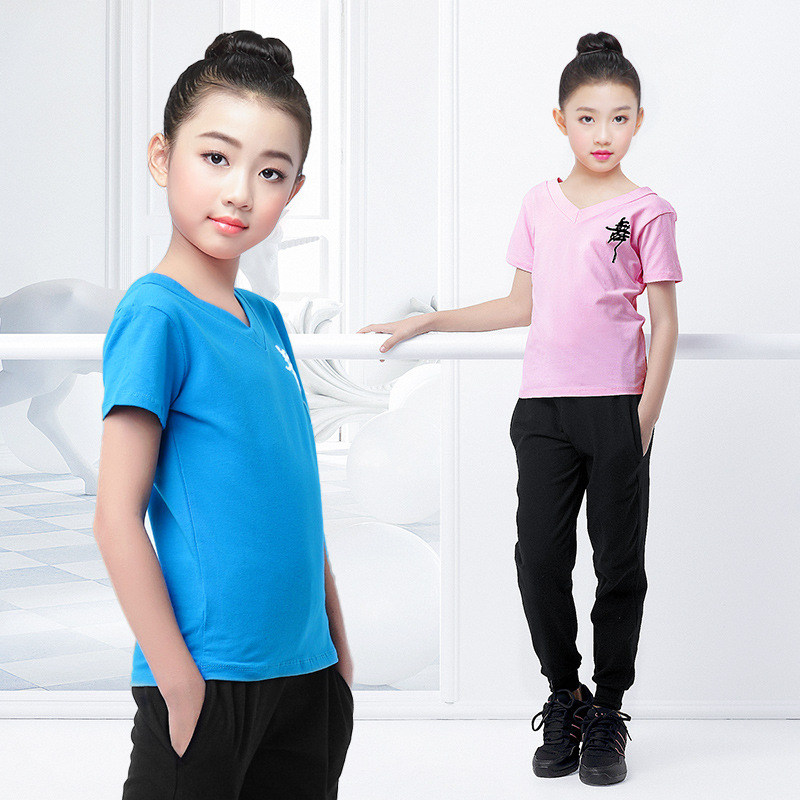 Ropa de baile para niños, ropa de práctica de verano, ropa de baile con cuello en V de manga corta para niñas, pantalones de zanahoria, ropa de gimnasia suelta