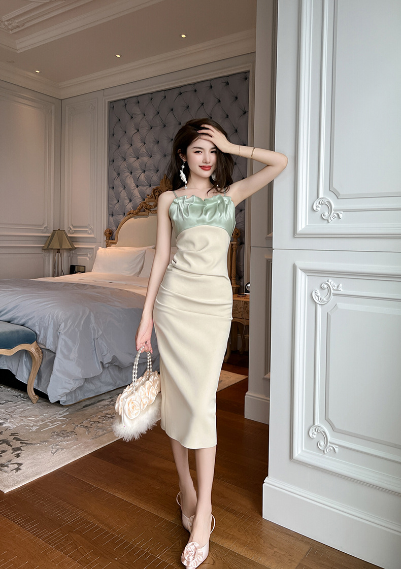 Đầm ôm body nữ dáng dài phối màu xếp ly — Màu xanh lá chi tiết 9