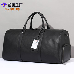 Marent Men's Genuine Leather Travel Bag Black Fitness Bag with Shoe Straps Shoulder Bag Calfskin Sling Barrel Luggage