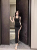 Long formal dress， women's unique temperament， high slit mesh patchwork bra dress
