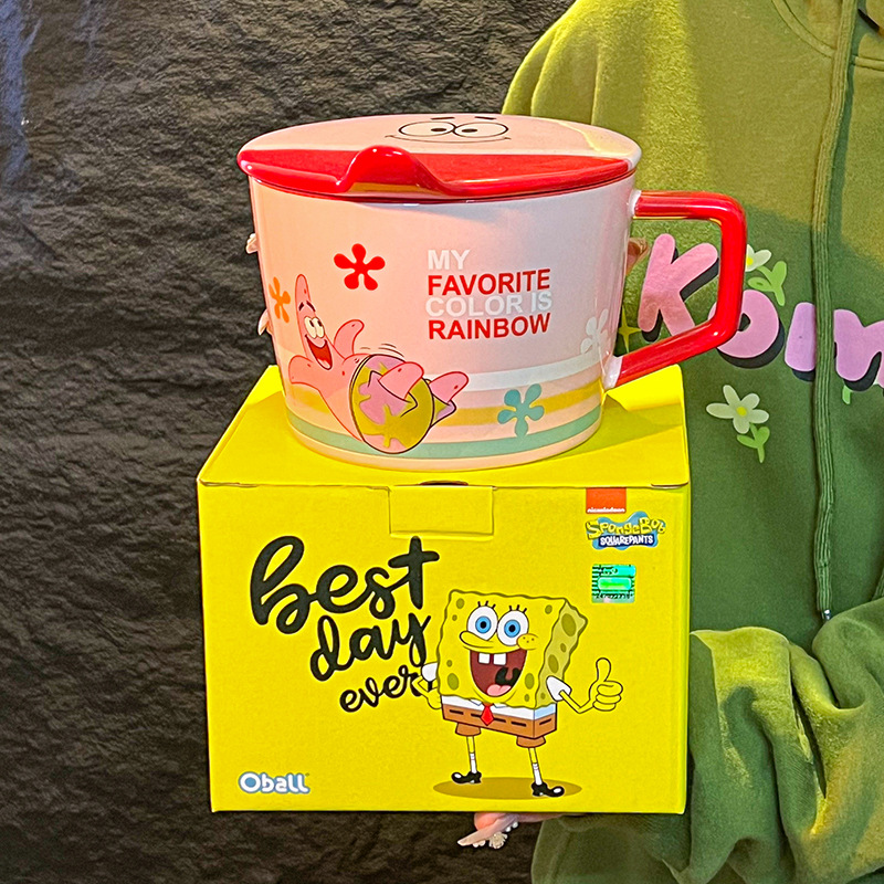 Bob Esponja Pai Daxing Cartoon Cerámica Tazón de fideos instantáneos Desayuno con tapa Tazón de arroz Set Pareja Regalo de cumpleaños Chicas