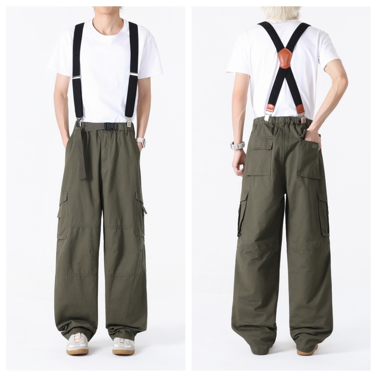 Pantalones multibolsillos de primavera y otoño para hombres gordo mono de rayón gordo casual más tamaño pierna ancha cintura elástica pantalones largos sueltos