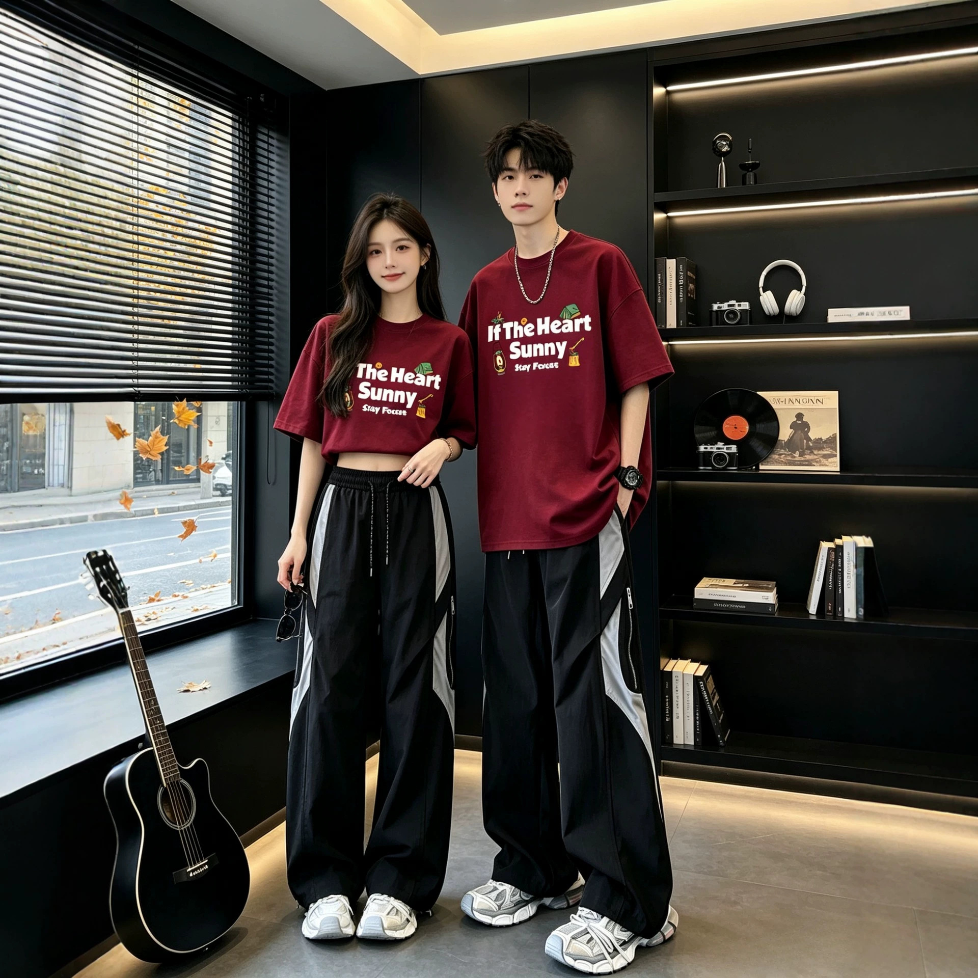 Heavyweight Trendy Brand Burgundy Short-Sleeved T-Shirt Casual Suit for Boys, Summer Sports Two-Piece Set for Teenagers, Cool and Stylish