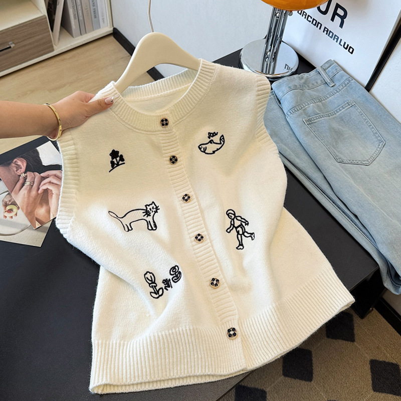 Cartoon Embroidered Sleeveless Vest Knitted Cardigan for Women Spring and Autumn Slightly Fat Vest to Cover Belly Versatile Vest Top for Women