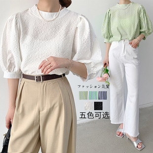 2024 Summer Lotte New Style Elegant Commuter Puff Sleeve Half Sleeve Lace-up Chiffon Shirt Top Women's Clothing