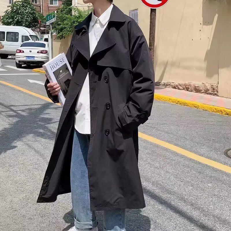 Men's mid-length trench coat/jacket, Japanese style, loose fit, British style, trendy couple/student/boyfriend style, over-the-knee cape/outerwear.