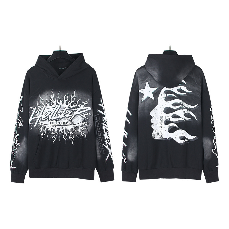 Hellstar ヨーロッパとアメリカのトレンディなブランド、ハイストリート、レトロ、ウォッシュド、ダメージ加工、プリント、ストリート、ルーズフィットのパーカー、男性用と女性用のスウェットシャツ|undefined