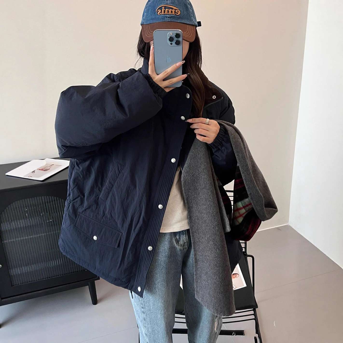 现货韩国东大门八奶羽绒服女海军蓝立领白鸭绒章若楠同款外套