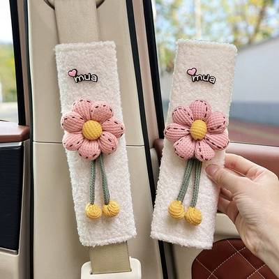 Seatbelt Shoulder Pads for Cars, High-End – Seat belt shoulder pad - pink-waffle-sunflower-white-lambswool-shoulder-pads-24cm-pair