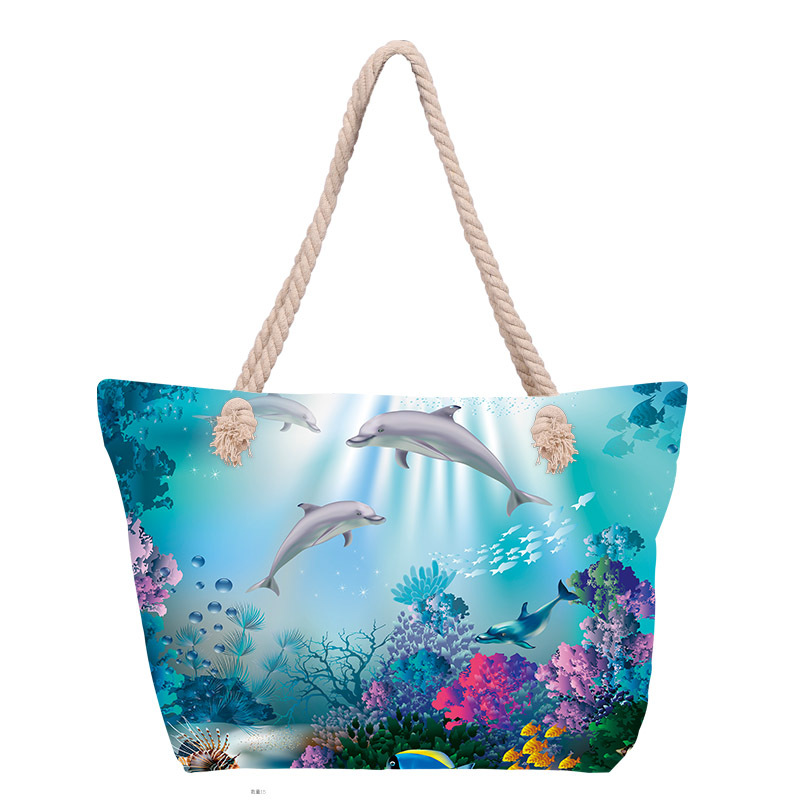 Bolso de playa impreso para mujer de venta caliente transfronterizo Bolso de lona portátil de gran capacidad Bolso de hombro junto al mar Bolso de mano con cuerda de algodón