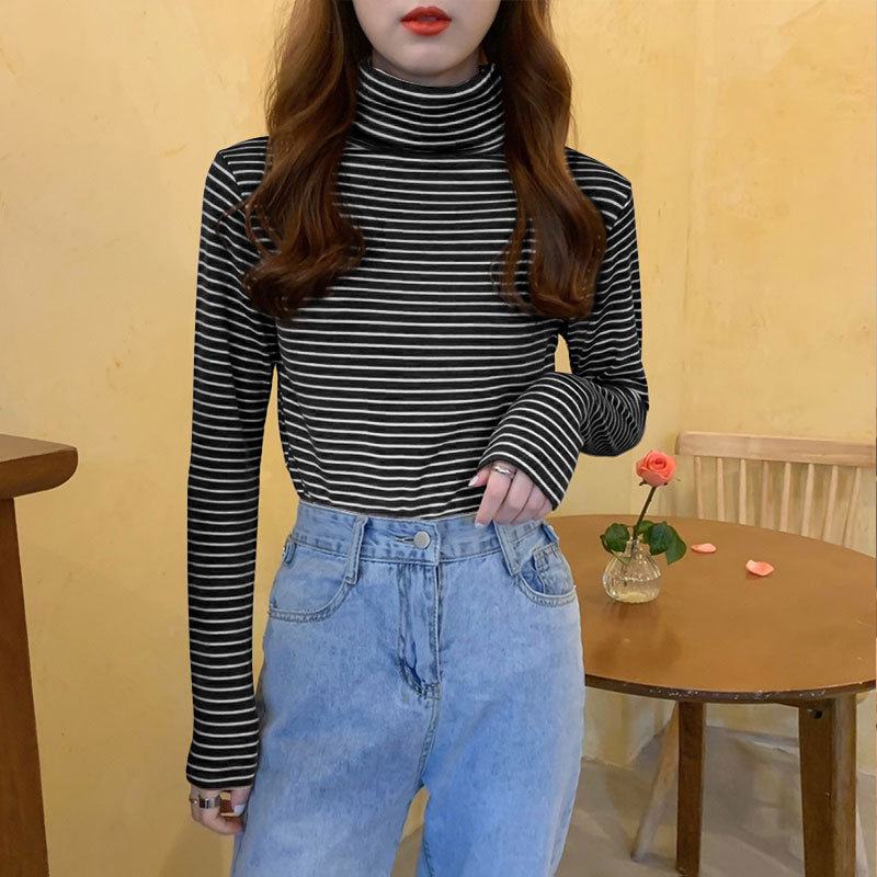 条纹加绒长袖t恤女2025年新款修身高领打底衫秋冬季抓绒加厚保暖