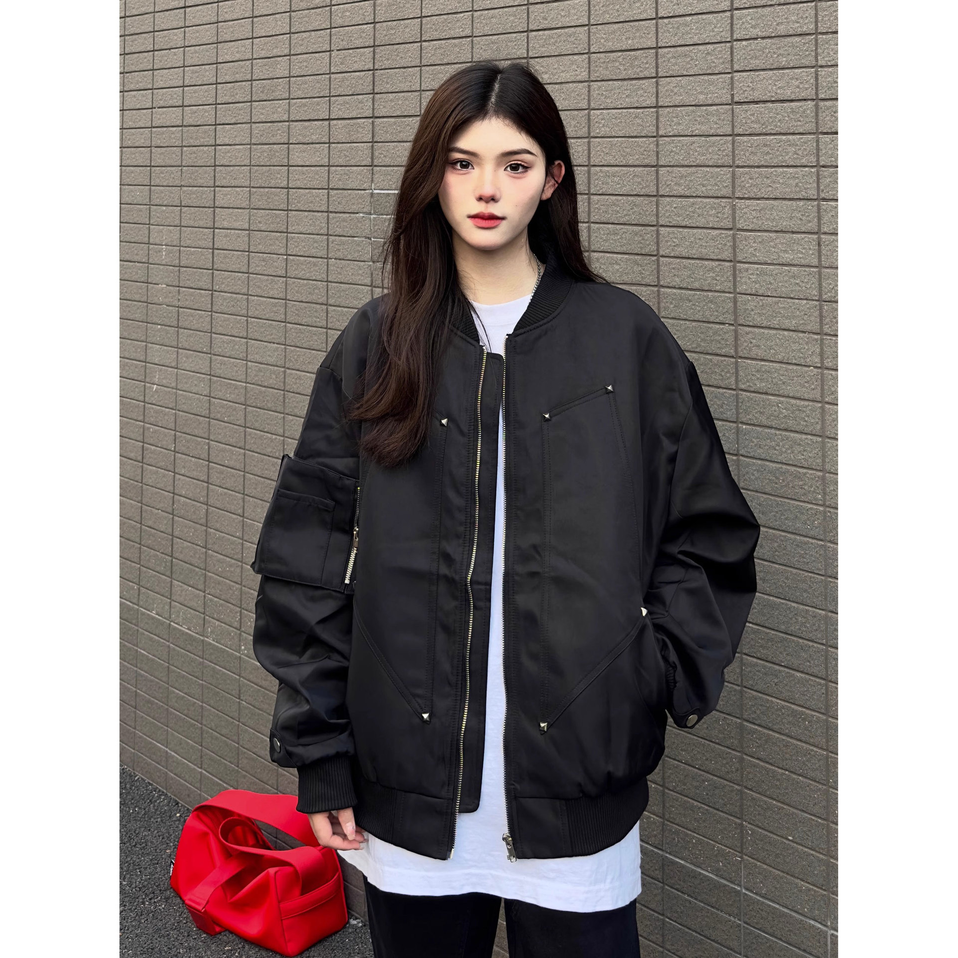 American retro solid color design sense bomber jacket loose versatile work jacket